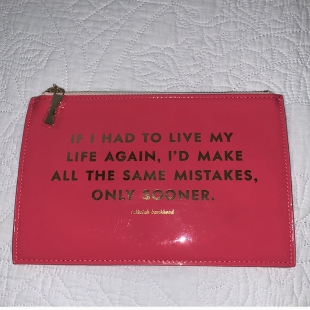 kate spade Coral Patent Zip Cosmetic Pouch with Gold Quote